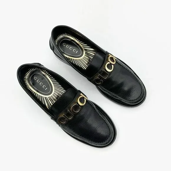 GUCCI Cara Signature Letters Logo Black Loafers Size 37.5 Leather Flat Shoes - Picture 4 of 14
